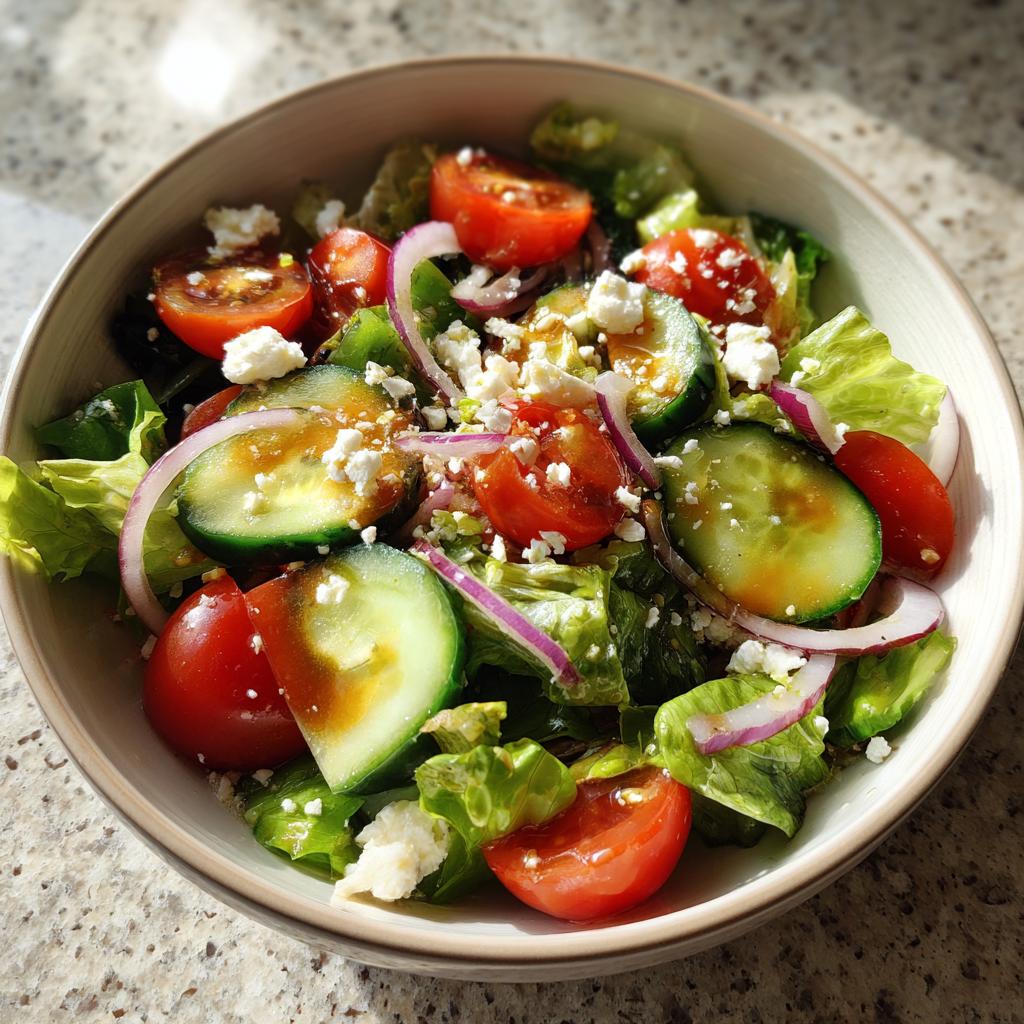 Bowl of healthy spring salads with lettuce, cherry tomatoes, cucumber, red onion, and feta cheese