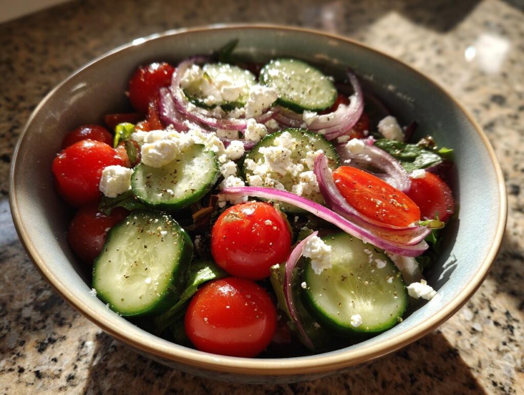 Bowl of healthy spring salads with cherry tomatoes, cucumber slices, red onion, and feta cheese.