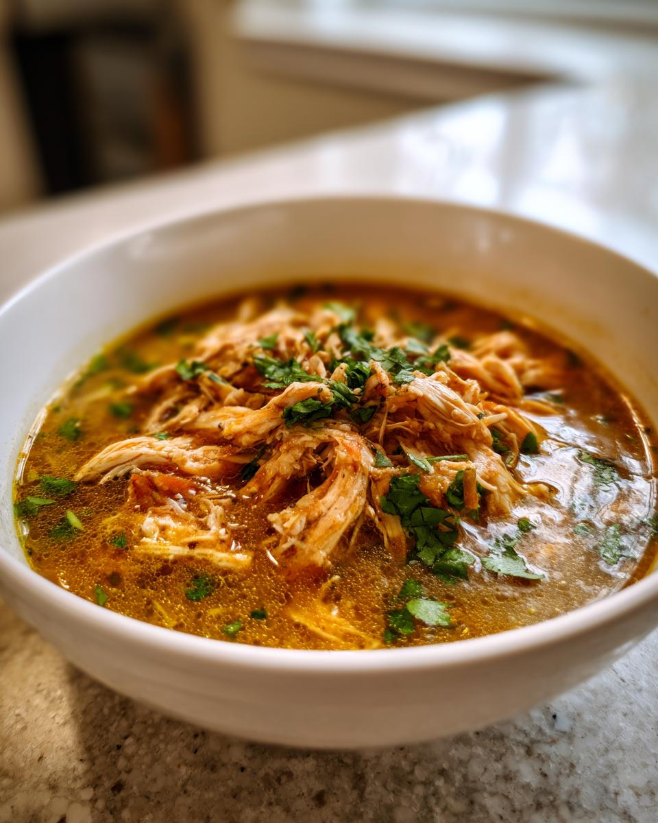 Bowl of hearty chicken soup with shredded chicken and herbs, an easy slow cooker recipes dish.