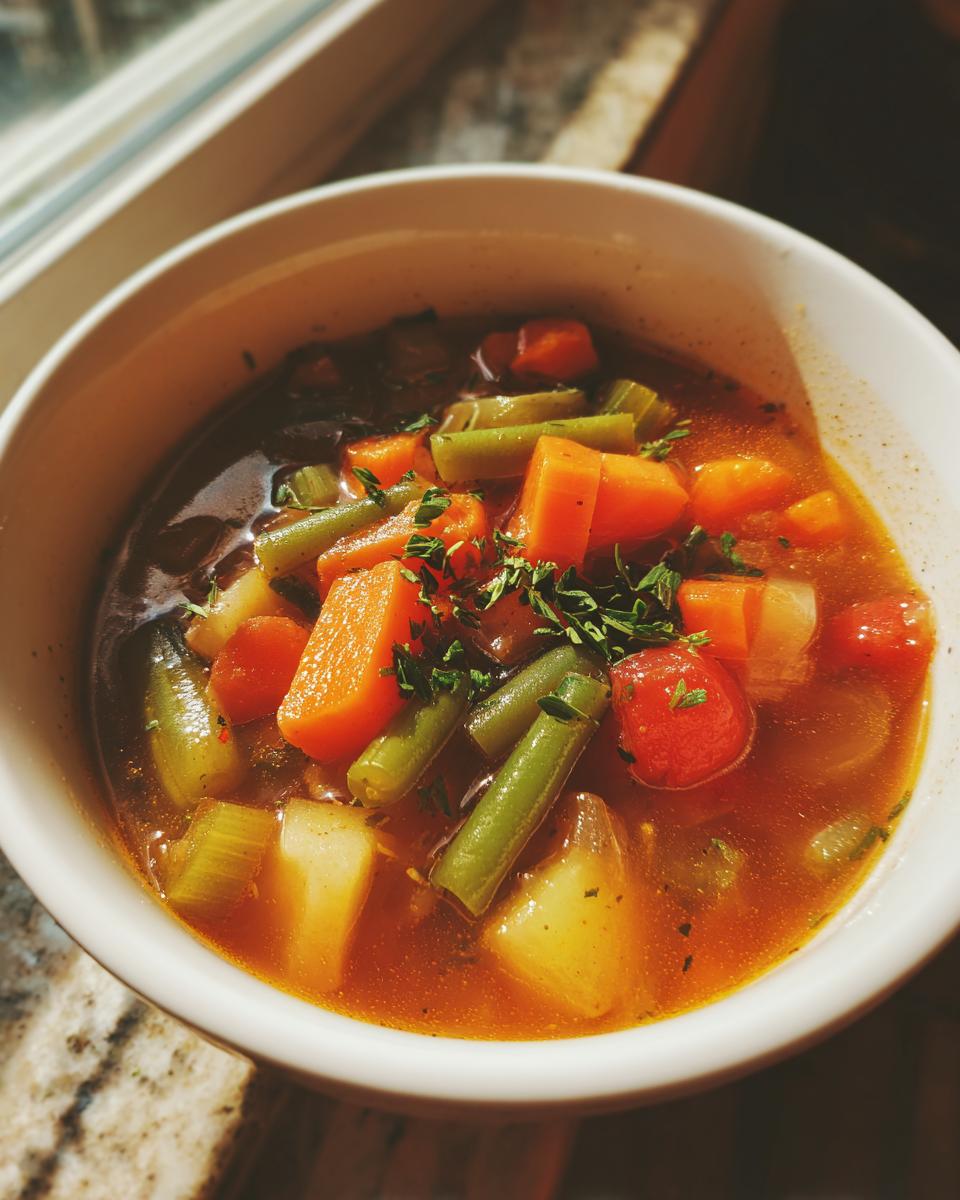 Bowl of vegetable soup with carrots, green beans, potatoes, and herbs in broth, homemade soup recipes