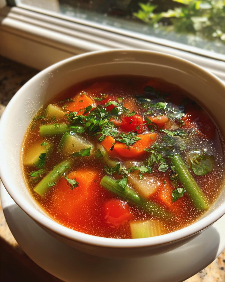 A bowl of vegetable soup with carrots, green beans, celery, and herbs in clear broth.