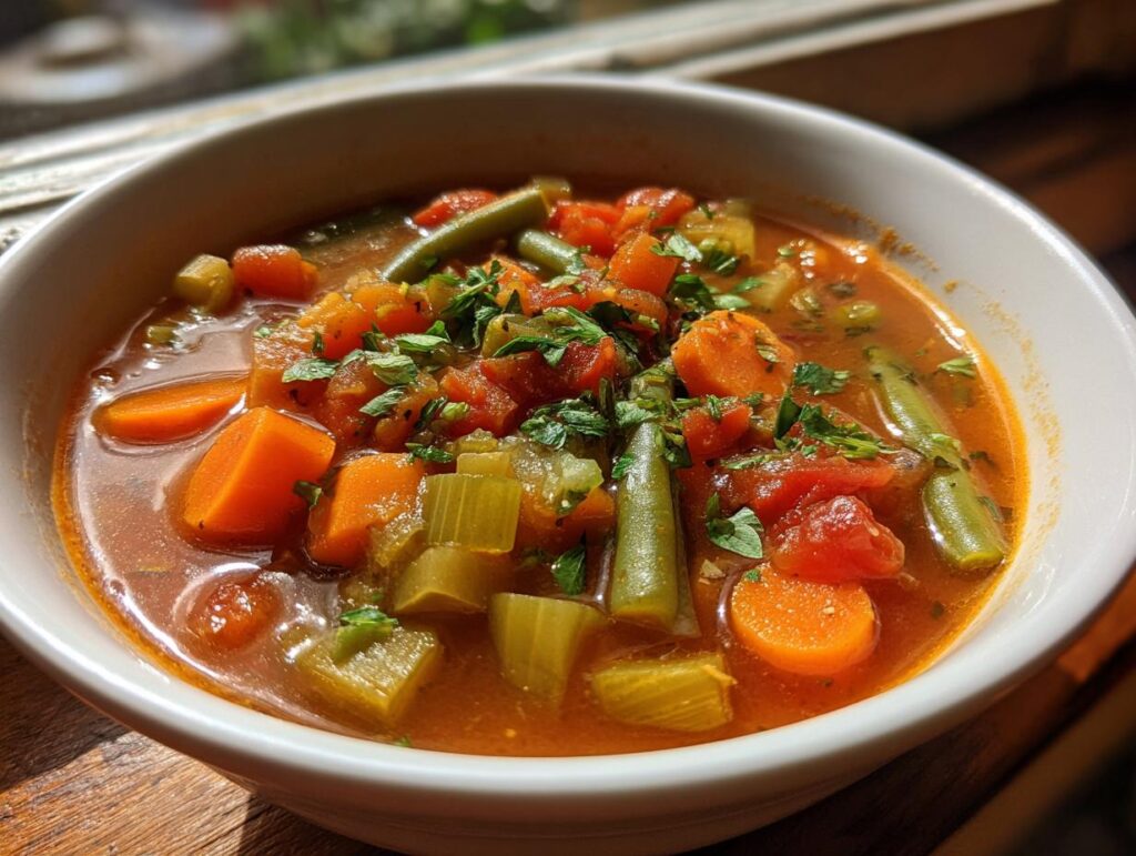 Bowl of hearty vegetable soup with carrots, green beans, celery, and herbs in broth