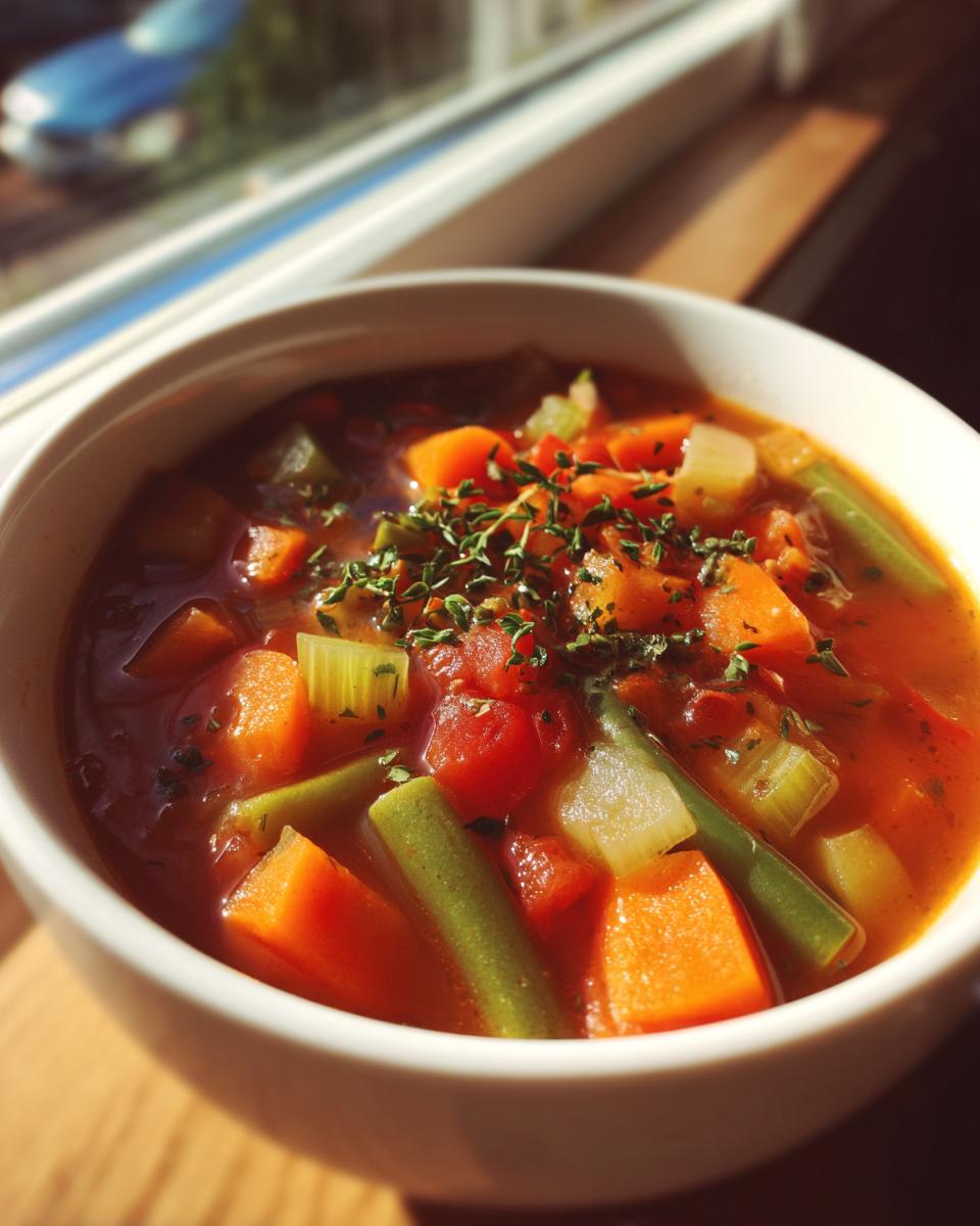 Bowl of hearty vegetable soup with carrots, celery, green beans, and herbs for homemade soup recipes