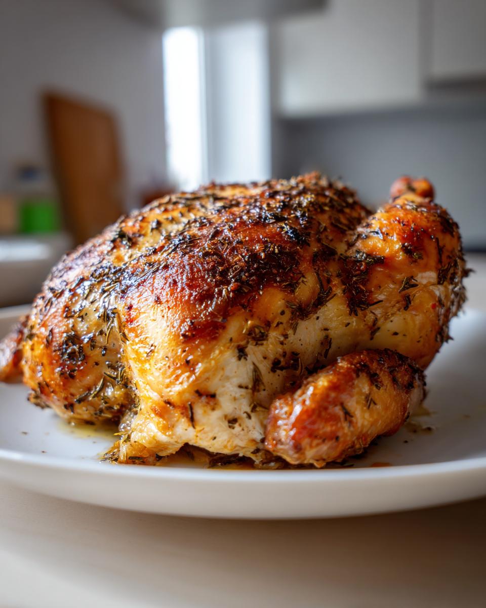 Close-up of a golden herb-roasted whole chicken on a white plate for Easter dinner recipes