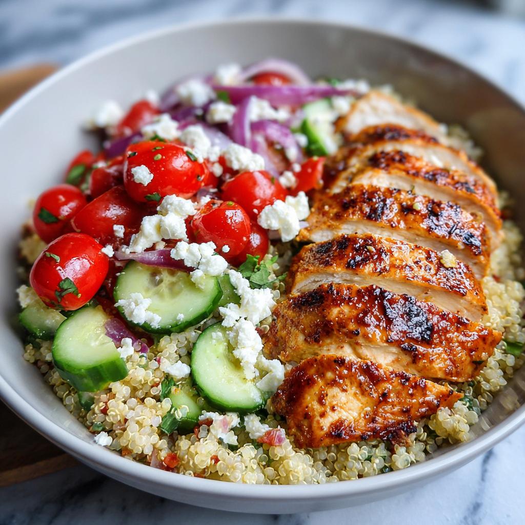 Grilled chicken breast sliced over quinoa with cherry tomatoes, cucumber, red onion, and feta cheese