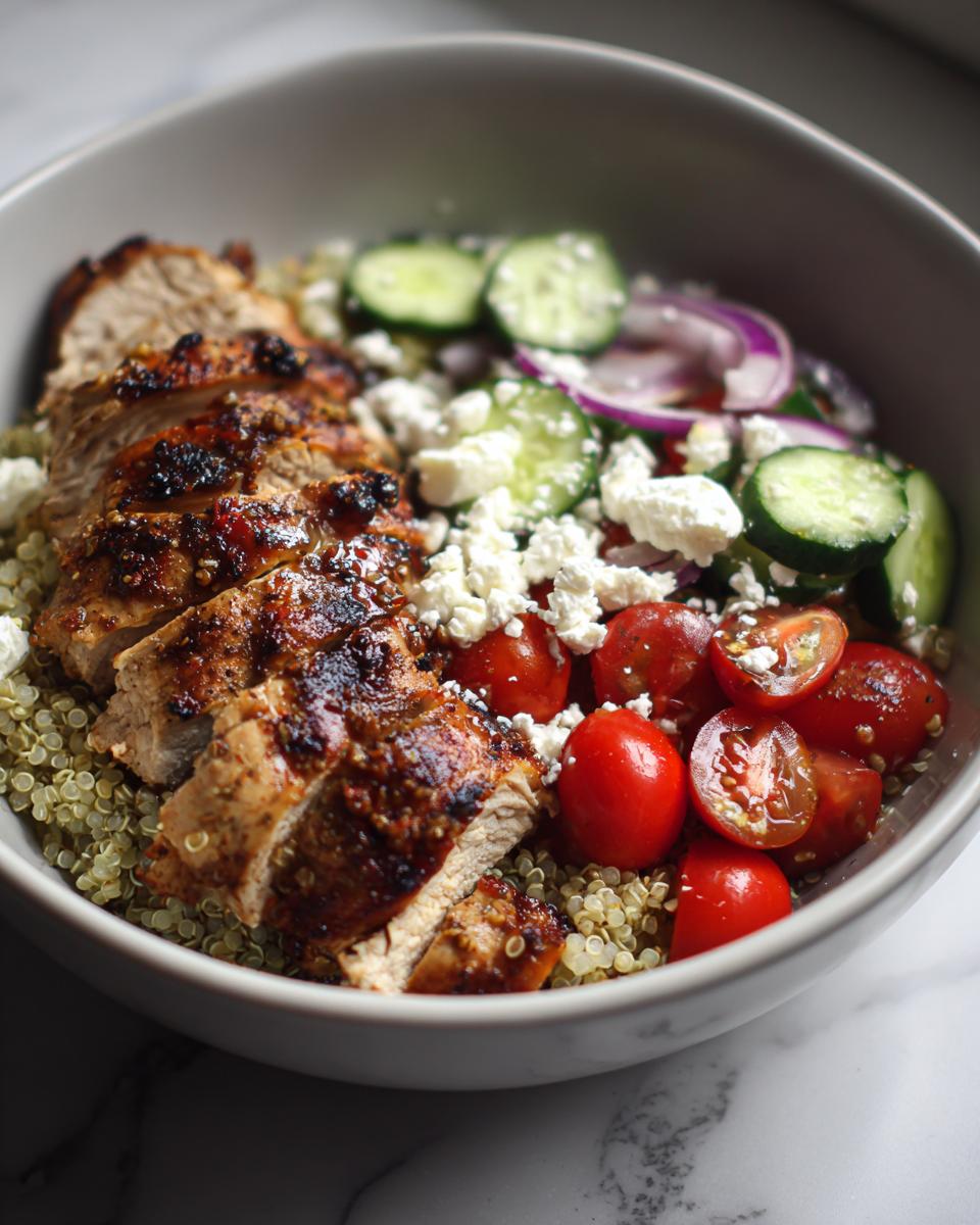 Grilled chicken breast slices on quinoa with cherry tomatoes, cucumber, red onion, and feta cheese in a bowl