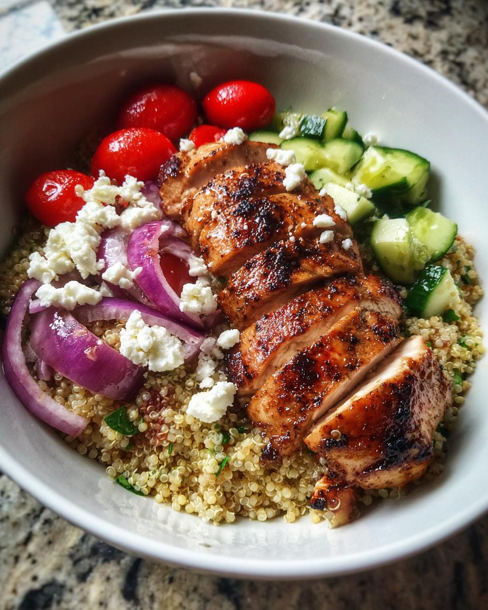 Grilled chicken breast with quinoa, cherry tomatoes, cucumbers, red onions, and feta cheese in a bowl