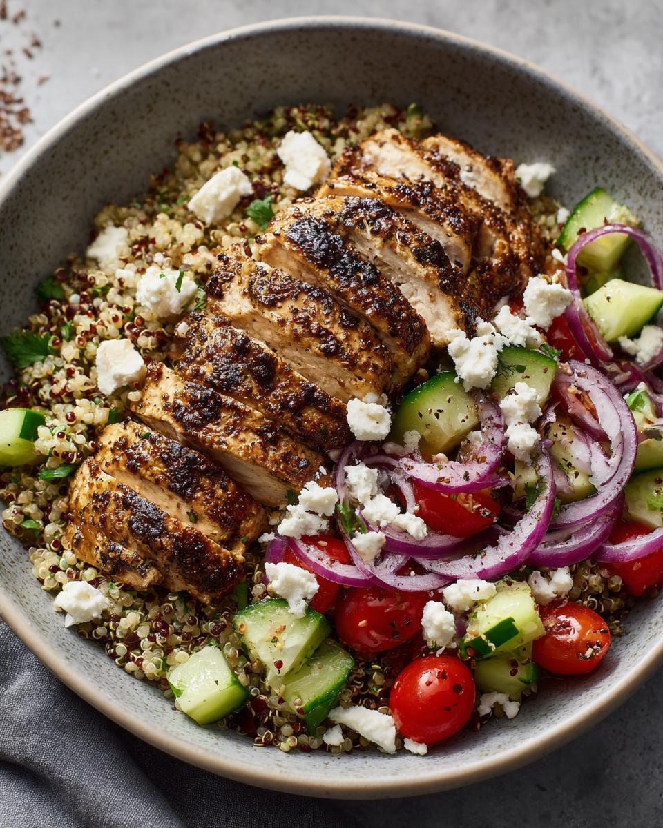 Grilled chicken breast slices on quinoa with cucumber, cherry tomatoes, red onion, and feta cheese