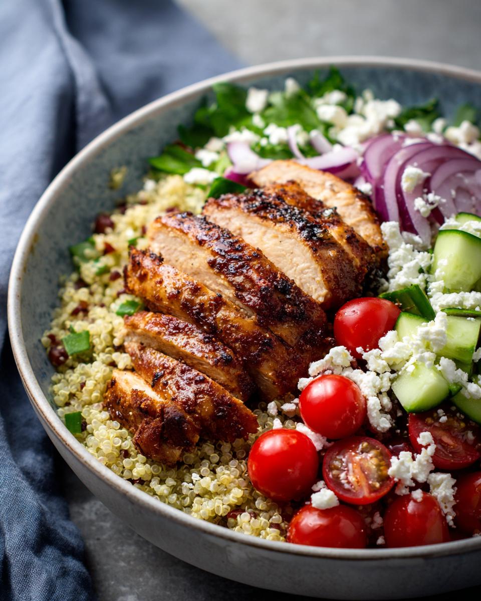 Grilled chicken breast slices on quinoa with cherry tomatoes, cucumber, red onion, and feta cheese