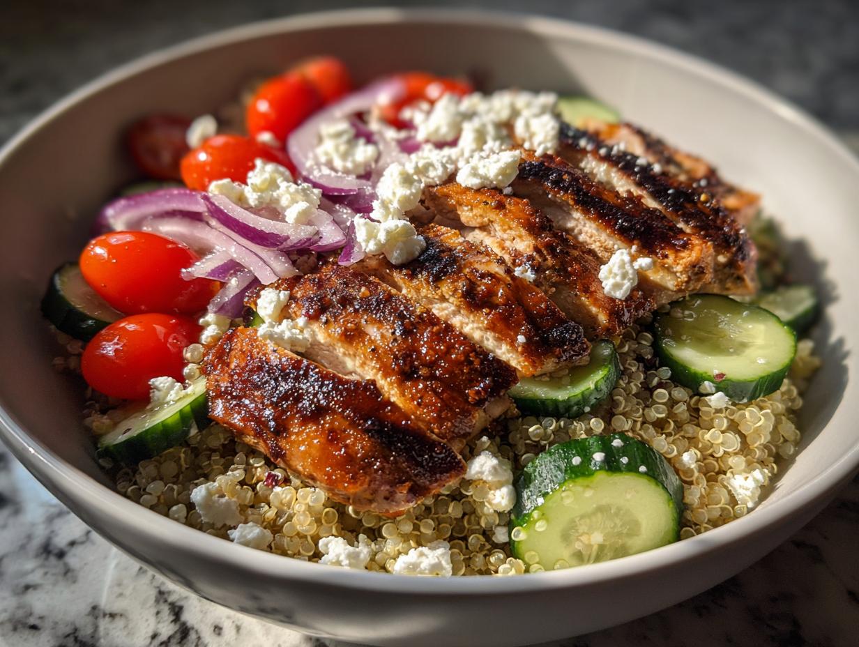 Grilled chicken breast over quinoa with cucumbers, cherry tomatoes, red onions, and feta cheese in a bowl