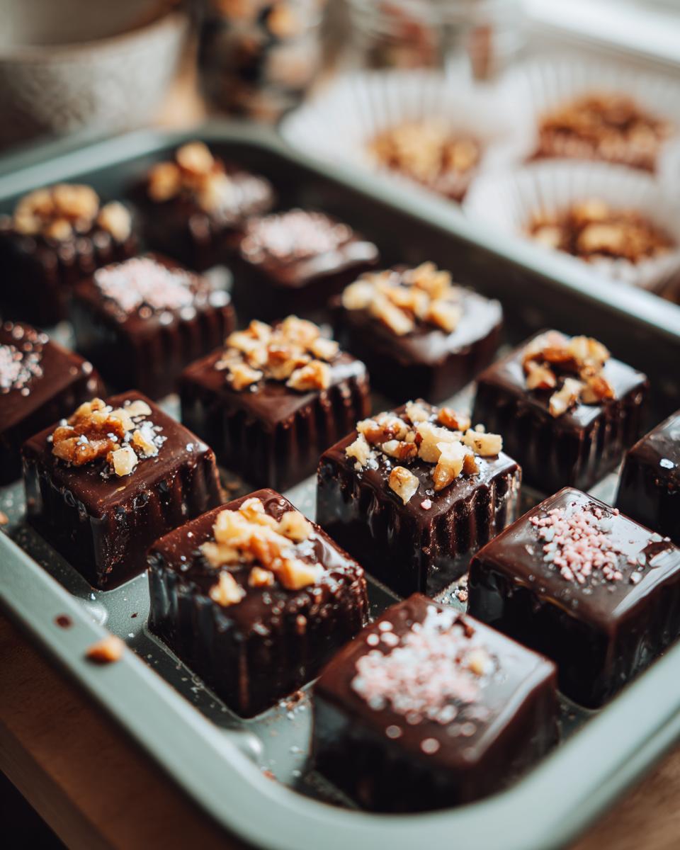 Tray of homemade chocolate candy squares topped with chopped nuts and sprinkles.