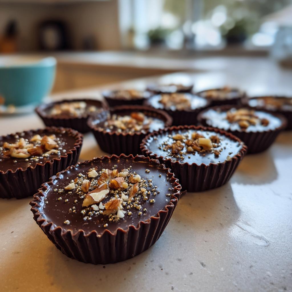 Close-up of homemade chocolate candy cups topped with chopped nuts on a kitchen counter.
