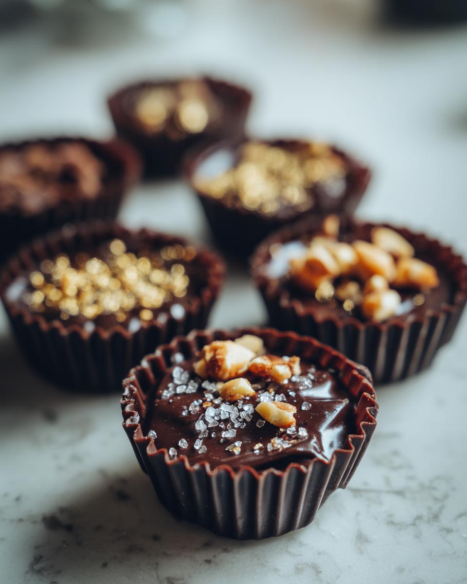 Close-up of homemade chocolate candy topped with nuts and sea salt in brown wrappers.