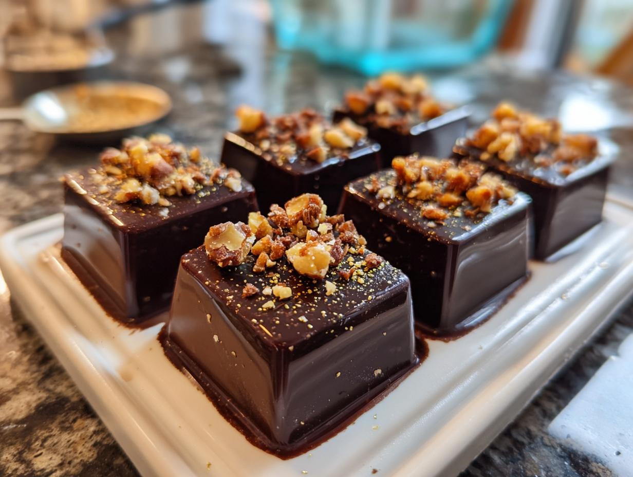 Close-up of homemade chocolate candy squares topped with chopped nuts on a white tray.