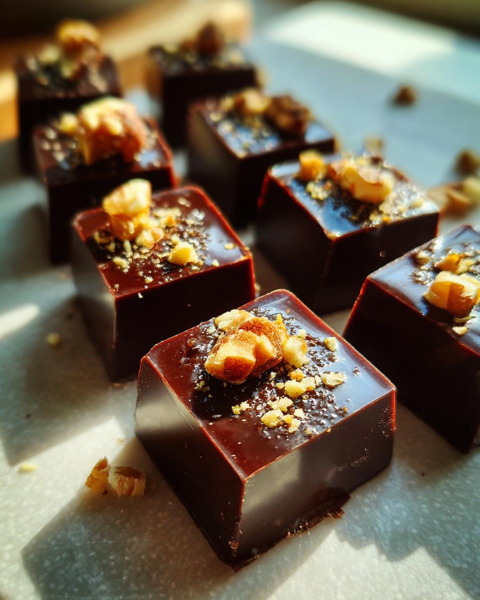 Close-up of square homemade chocolate candy pieces topped with chopped nuts on a light surface.