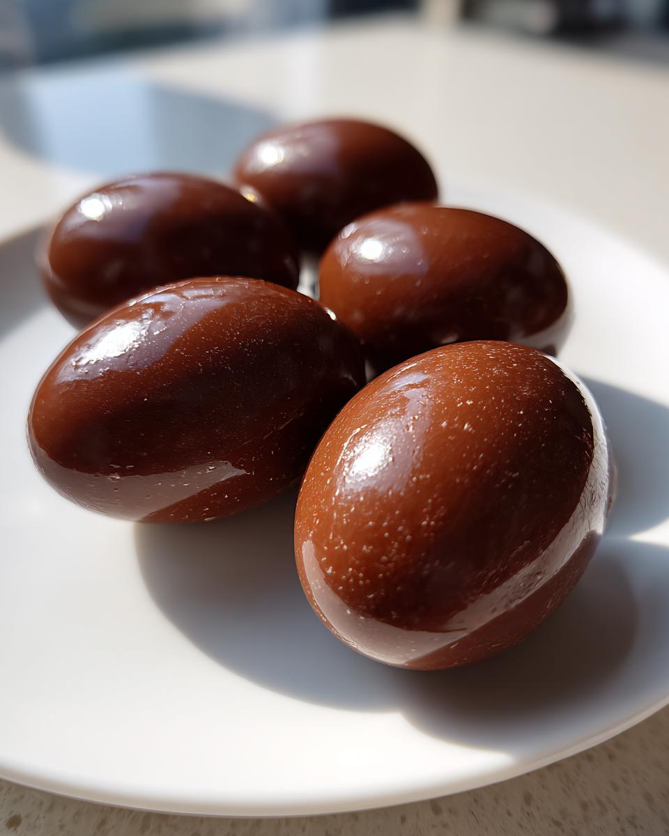 Five shiny homemade Easter chocolate eggs on a white plate in natural light.