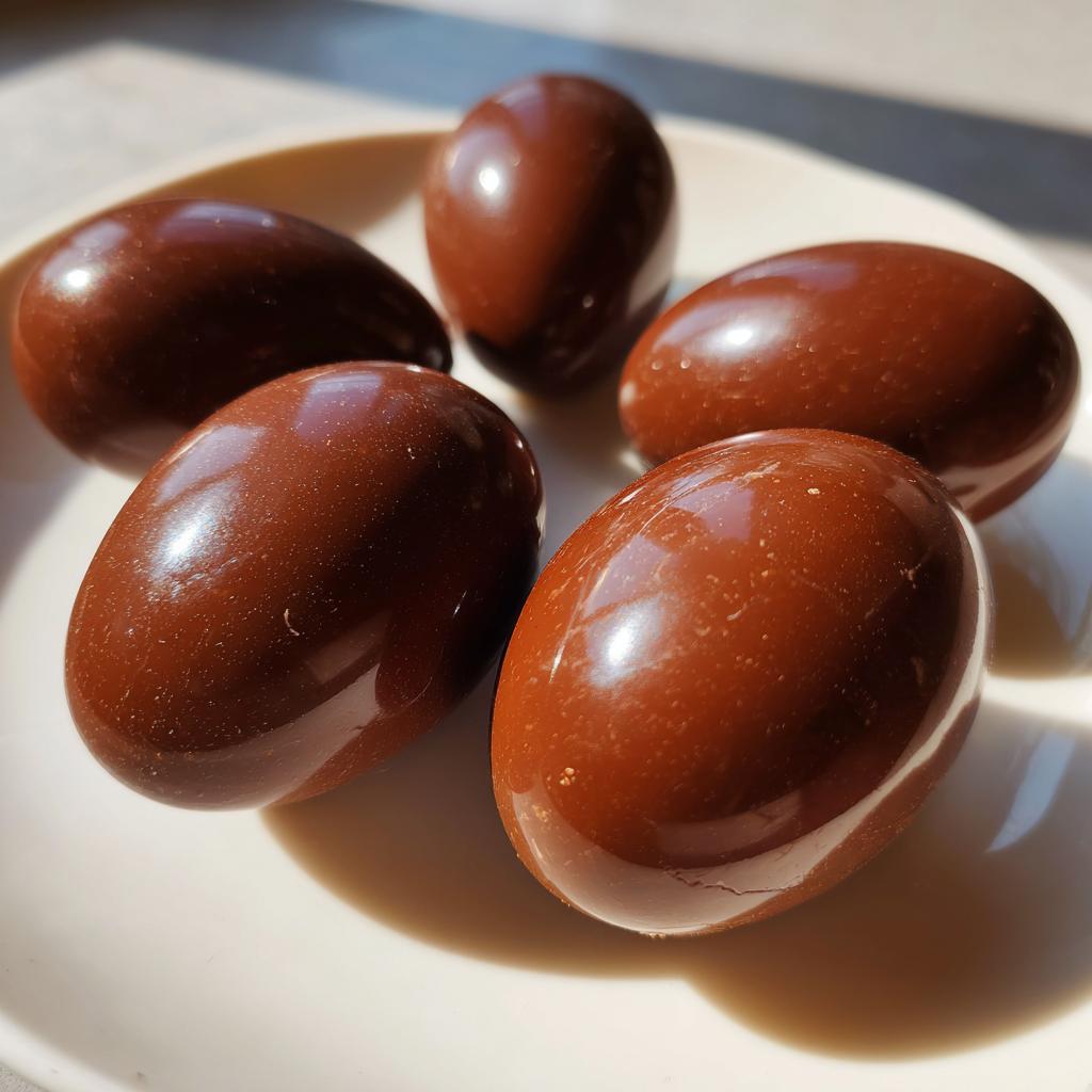Five glossy homemade Easter chocolate eggs arranged on a white plate in sunlight.