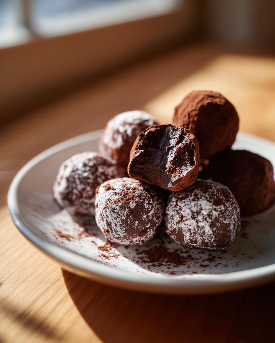 Plate of homemade Easter chocolate truffles dusted with cocoa and powdered sugar.