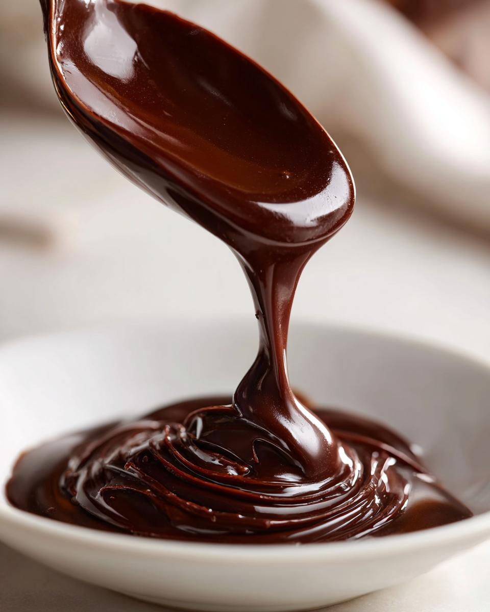 Rich, glossy homemade ganache recipe being drizzled from a spoon into a white bowl.