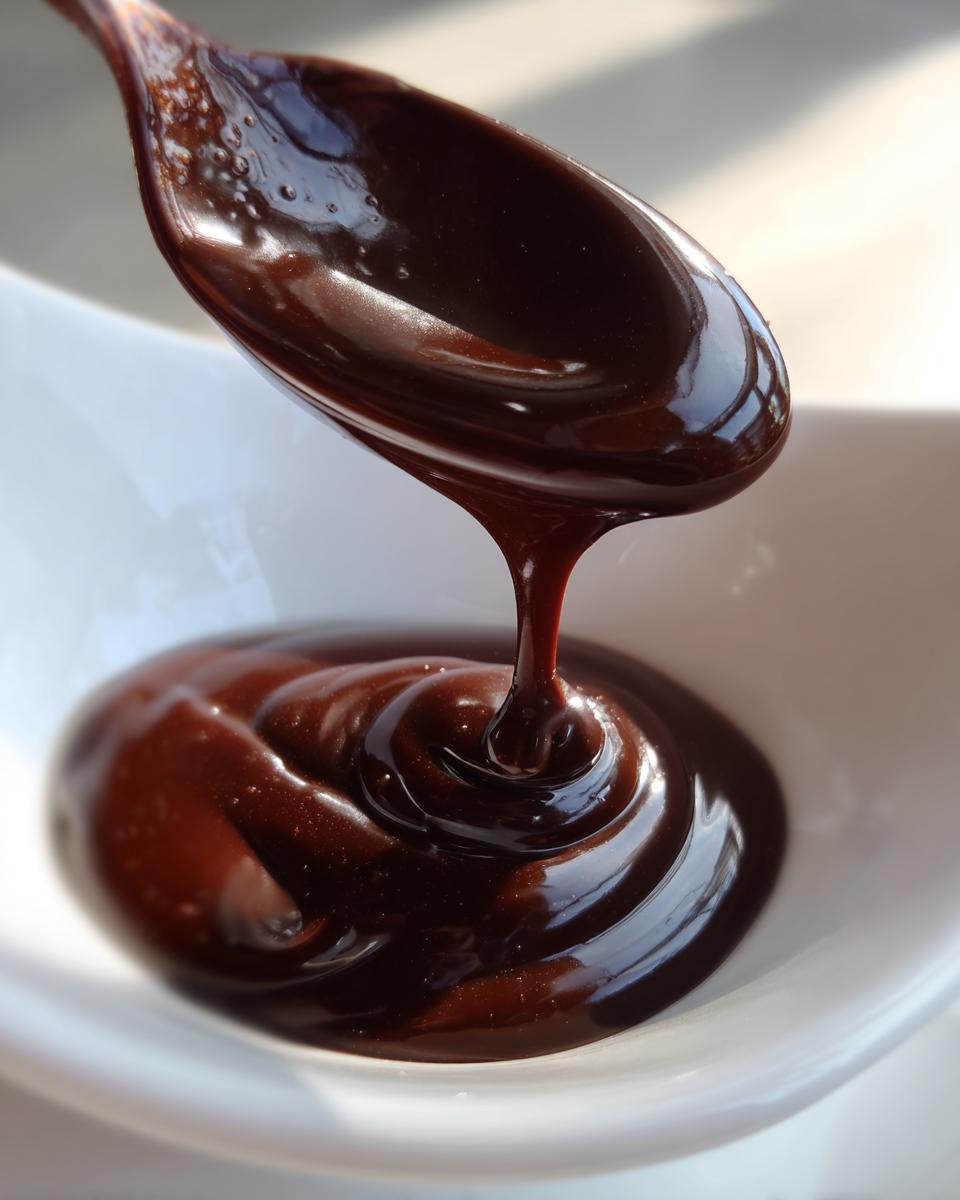 Close-up of rich, glossy homemade ganache recipe dripping from a spoon into a white bowl.