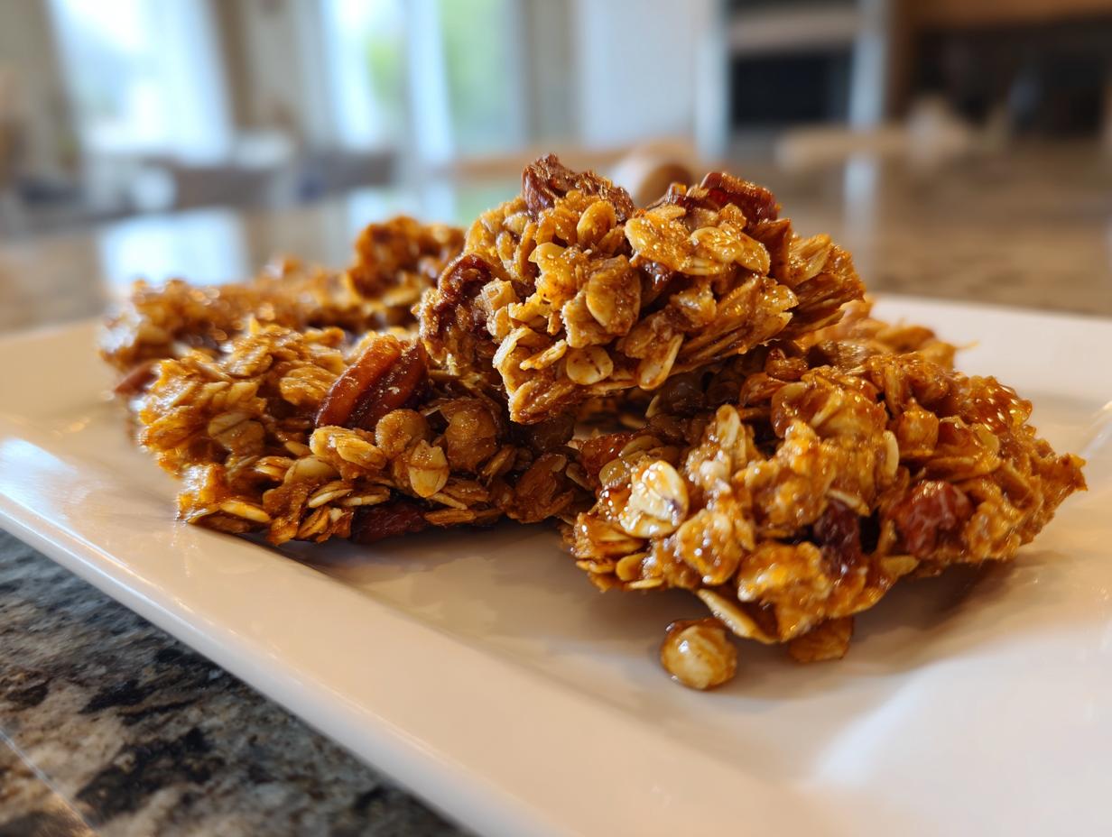 Close-up view of golden homemade granola clusters with oats and nuts on a white plate.