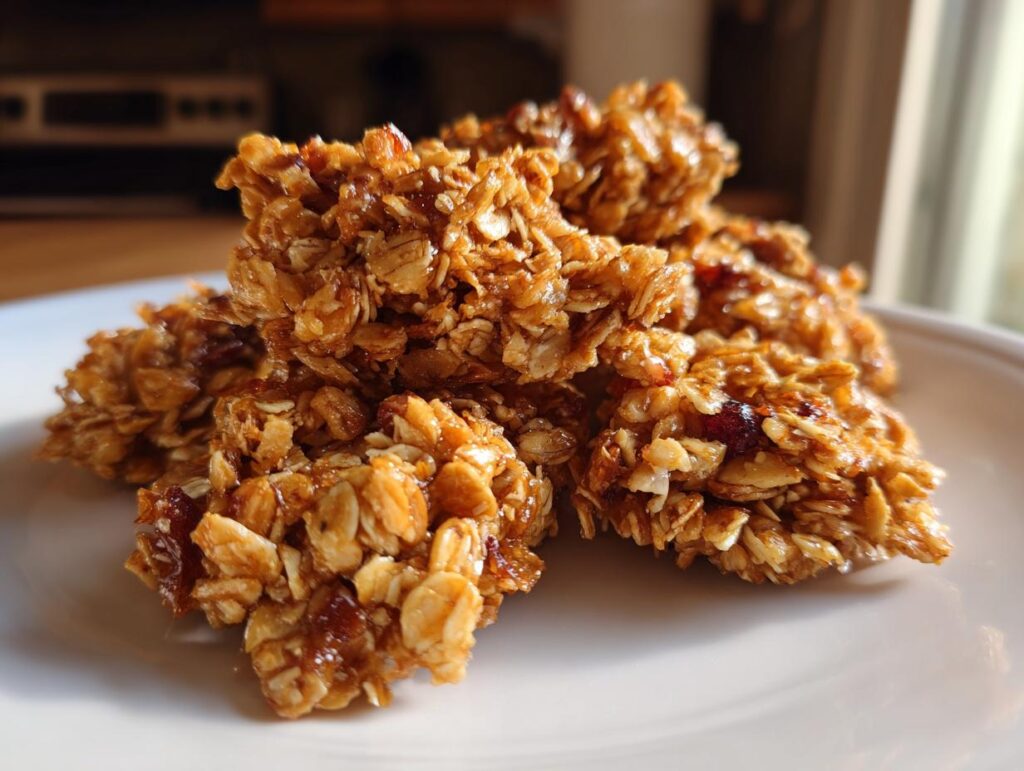 Close-up of golden brown homemade granola clusters stacked on a white plate.