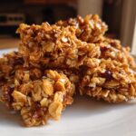 Close-up of golden brown homemade granola clusters stacked on a white plate.