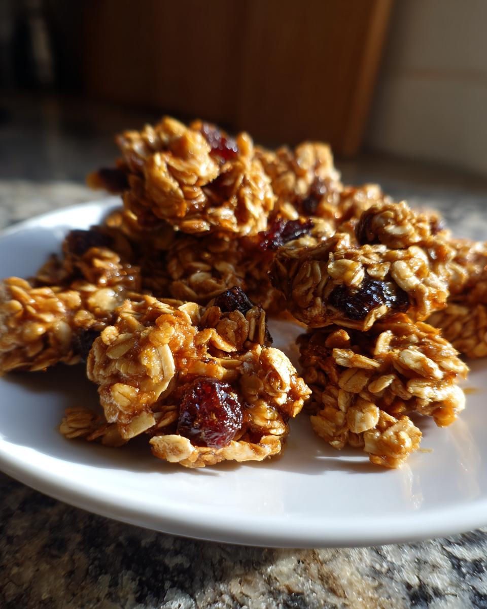 Homemade granola clusters with oats and dried fruit on a white plate.