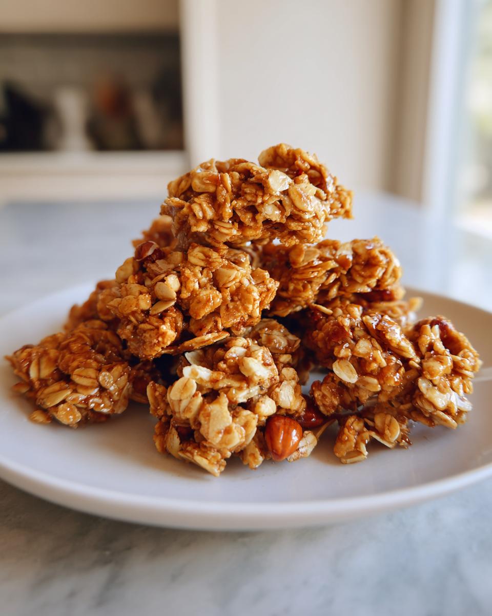 Close-up of golden brown homemade granola clusters stacked on a white plate.