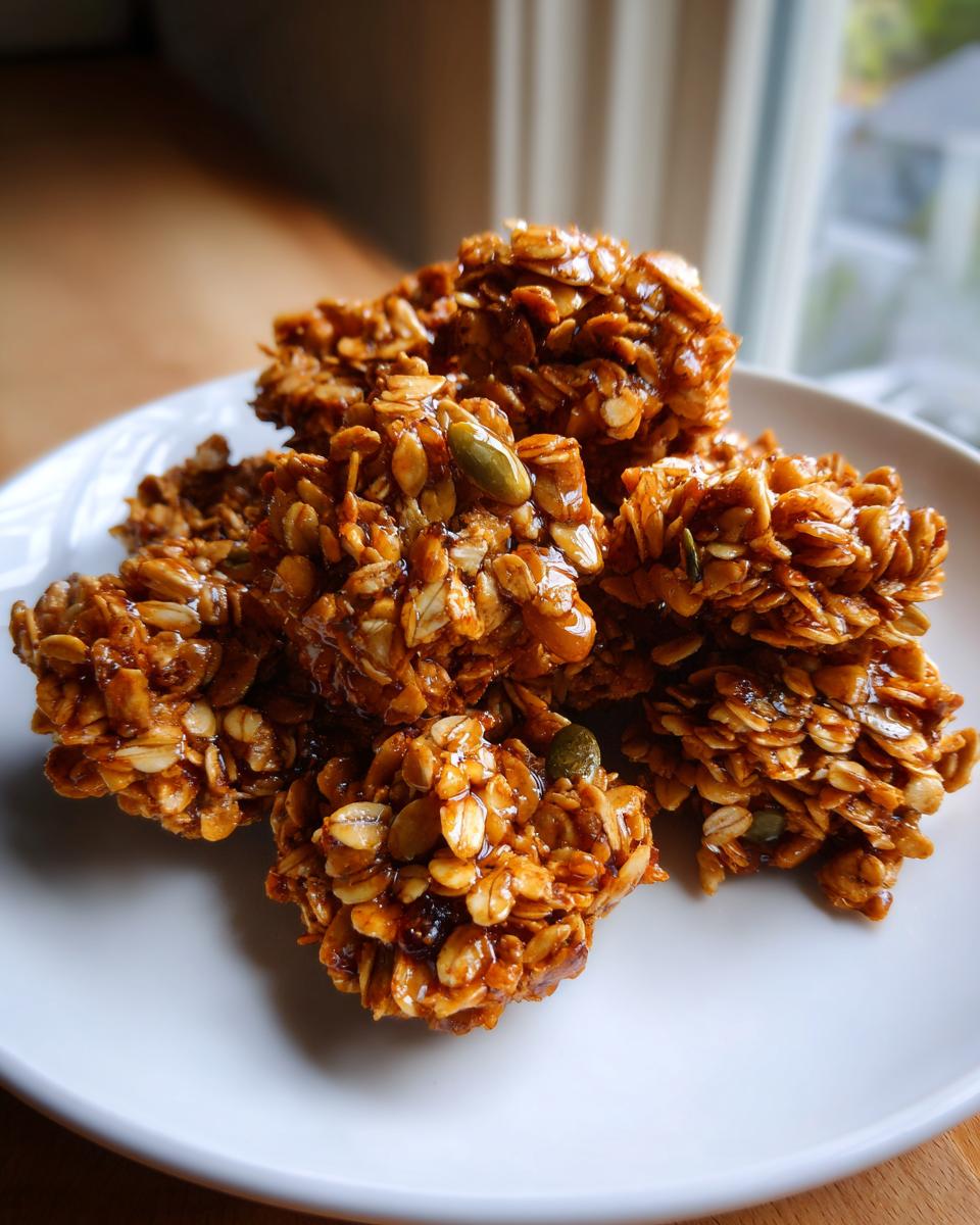Close-up of golden brown homemade granola clusters with oats and seeds on a white plate.
