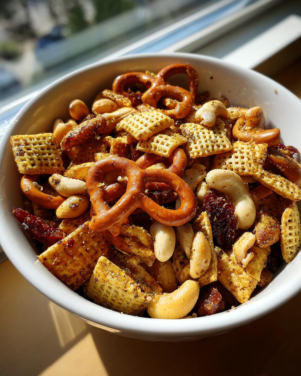 Bowl of homemade snack mix with pretzels, nuts, and seasoned cereal pieces for easy snack mix recipes