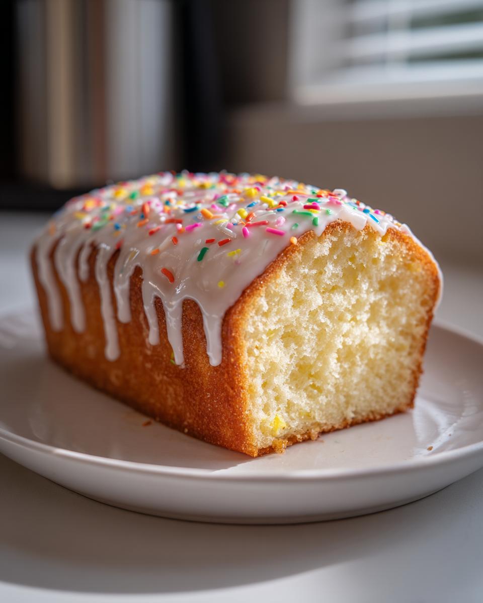 Close-up of iced pound cake with colorful sprinkles on a white plate, Easter dessert recipes