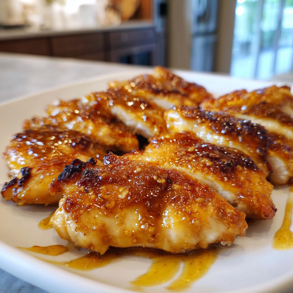 Close-up of juicy glazed spring chicken pieces with a golden crust on a white plate.