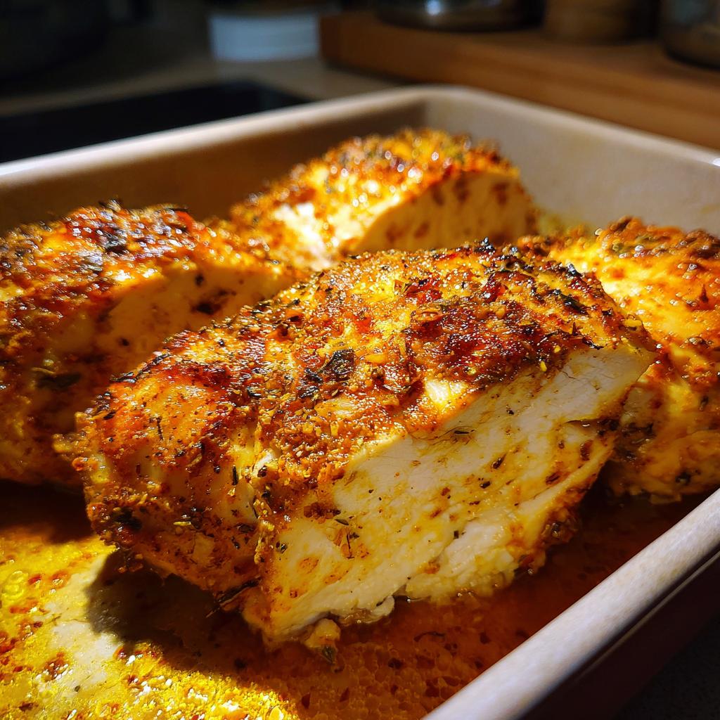 Close-up of juicy oven baked chicken breasts seasoned with herbs and spices in a baking dish.