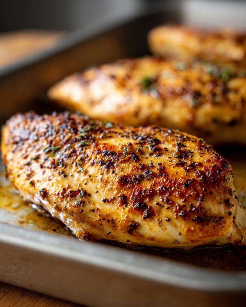 Close-up of juicy oven baked chicken breast with herbs and spices on a baking tray.