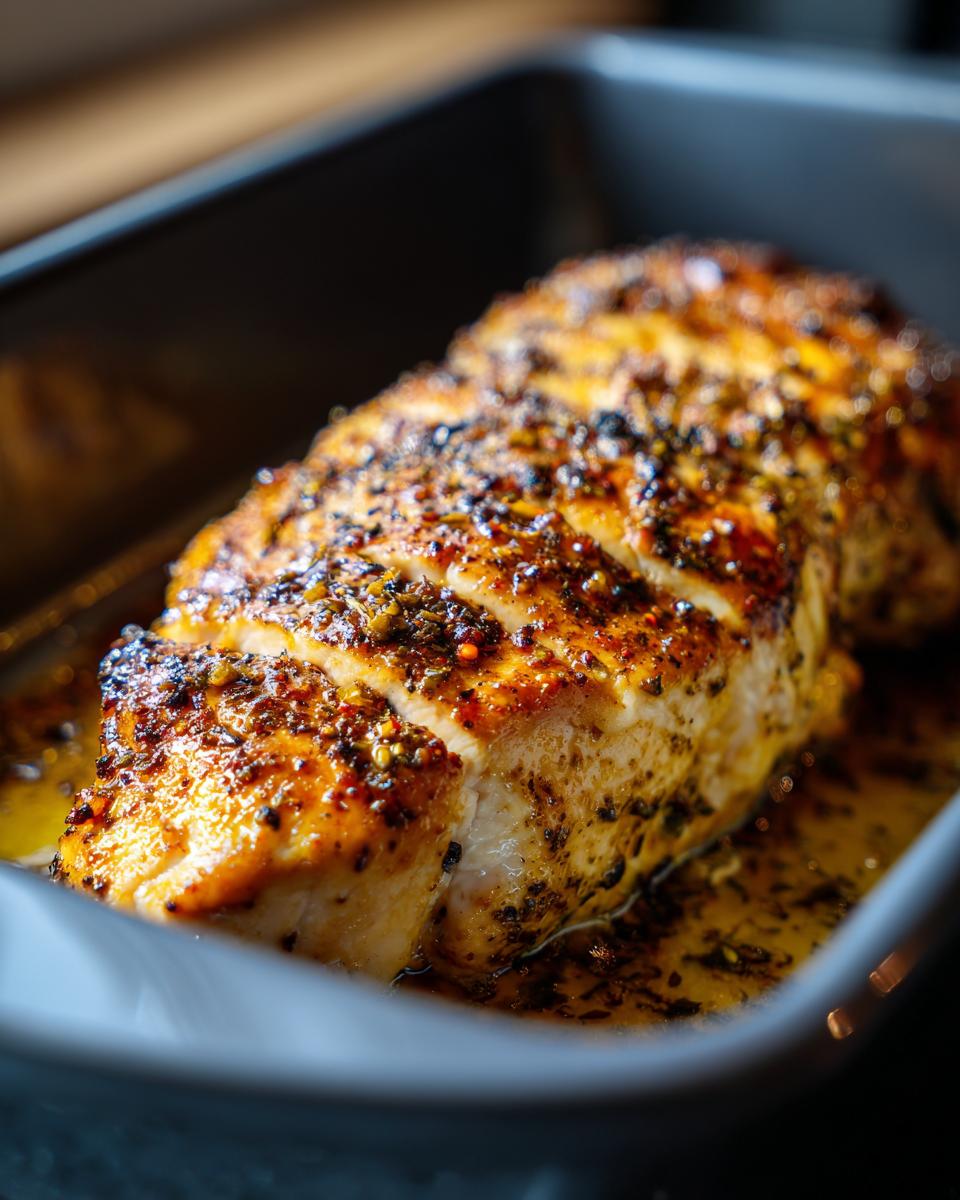 Close-up of juicy oven baked chicken breast seasoned with herbs in a baking dish.
