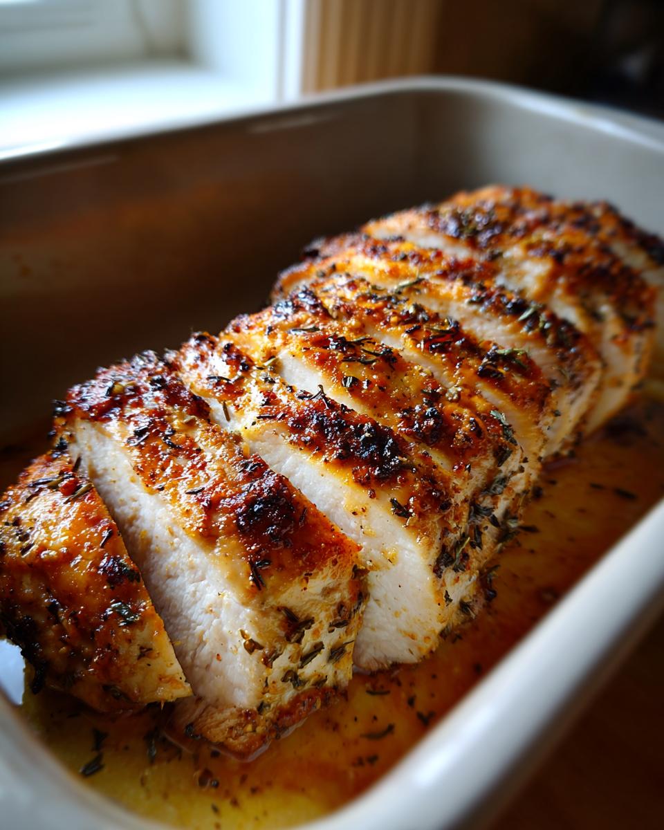 Close-up of sliced juicy oven baked chicken breast with herbs in a baking dish