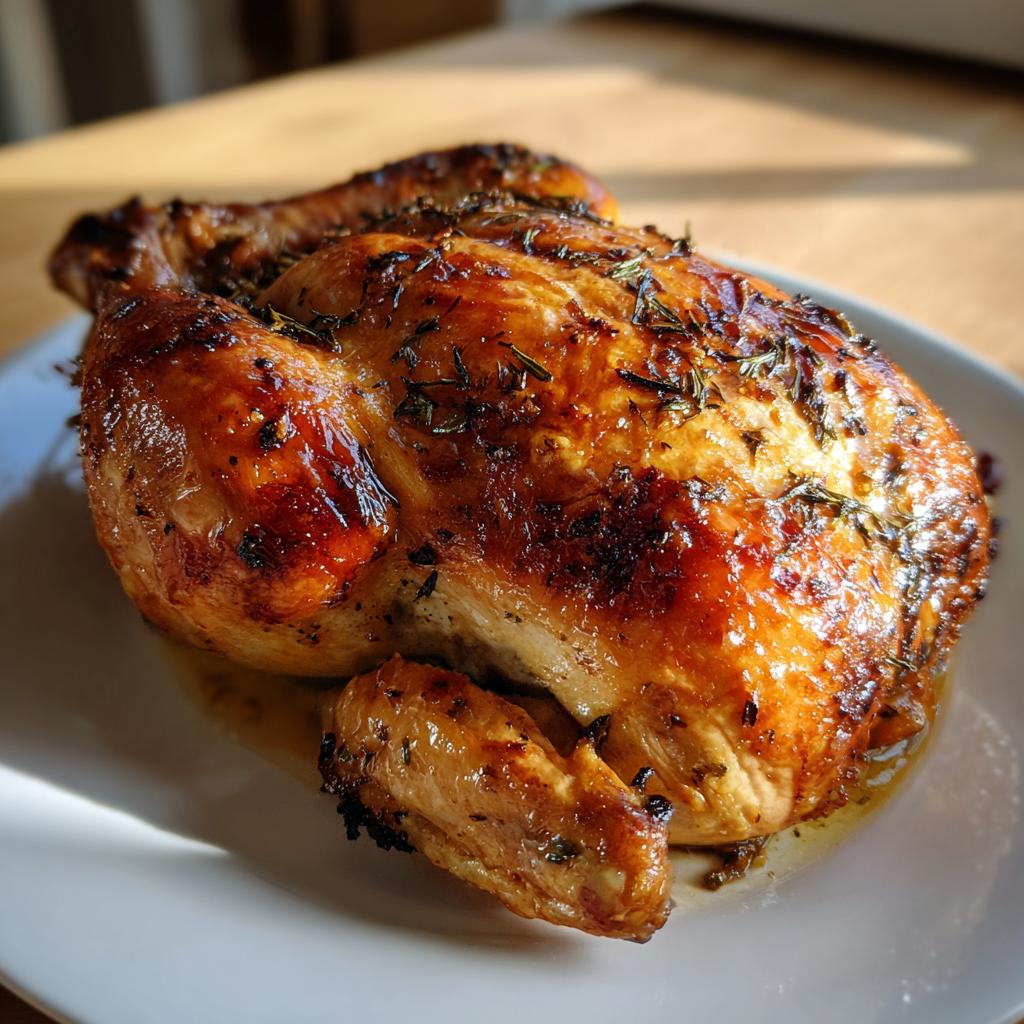Golden brown juicy roast chicken seasoned with herbs on a white plate