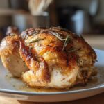 Golden brown juicy roast chicken garnished with rosemary on a white plate