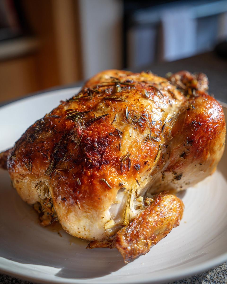 Golden brown juicy roast chicken seasoned with herbs on a white plate.