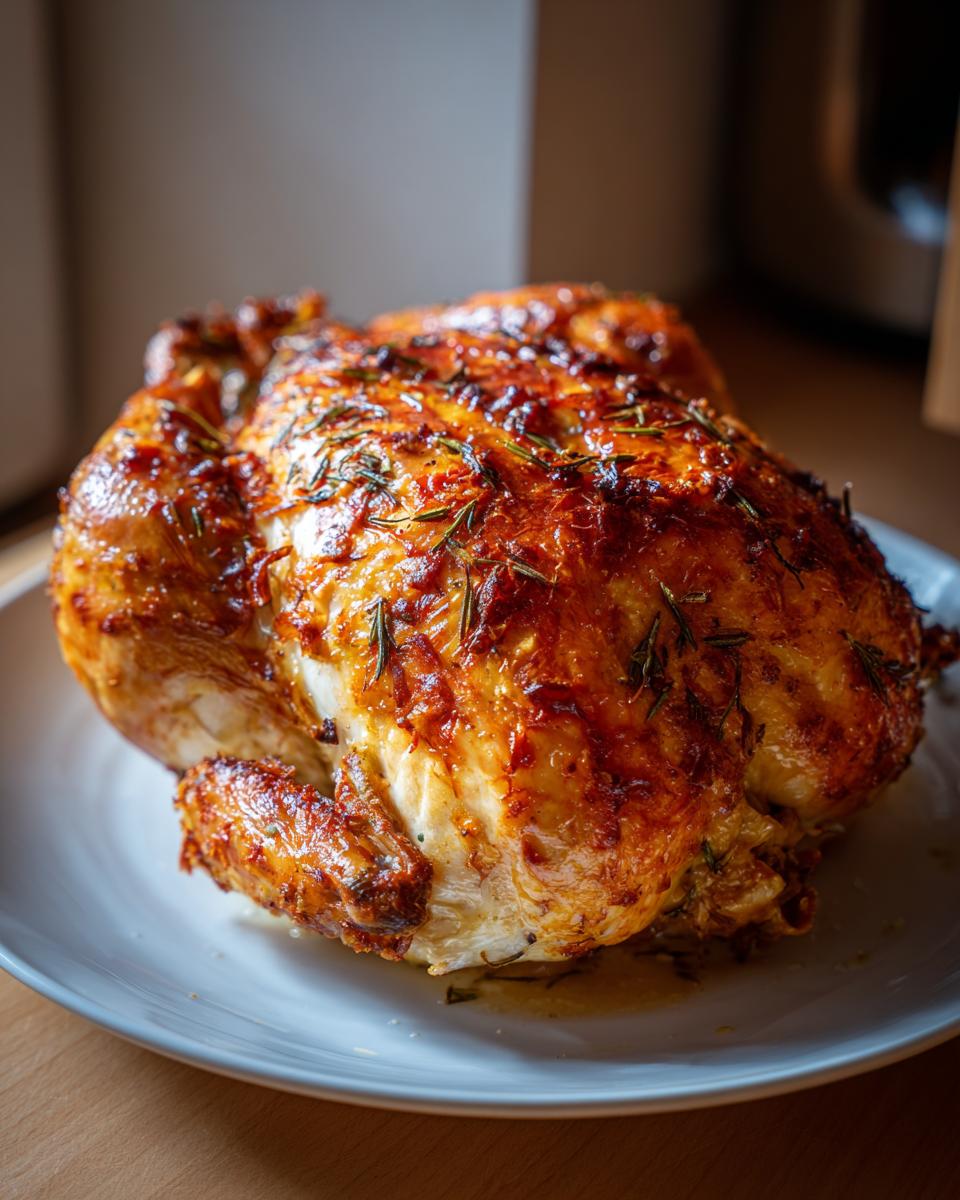 Golden brown juicy roast chicken garnished with herbs on a white plate.