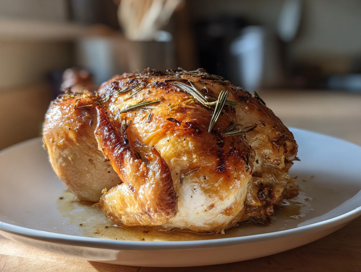 Golden brown juicy roast chicken garnished with rosemary on a white plate