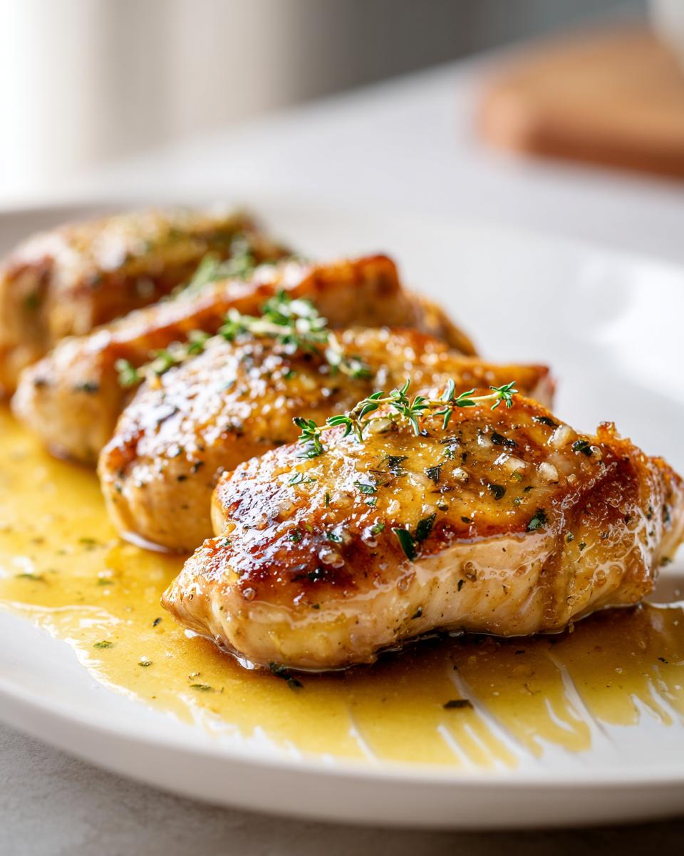 Close-up of juicy spring chicken breast pieces garnished with herbs and sauce on a white plate.