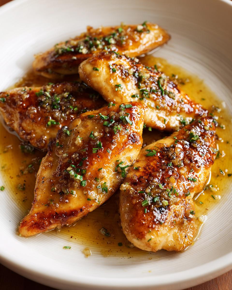 Plate of juicy spring chicken breasts glazed with herb garlic sauce and garnished with chopped herbs.