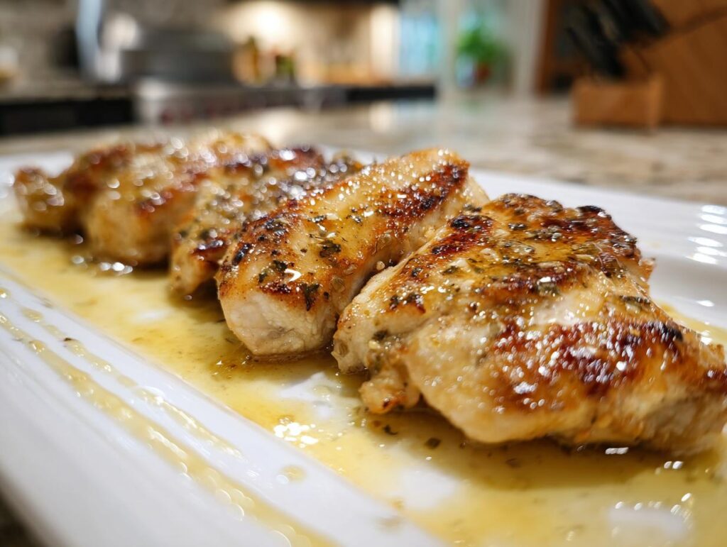 Close-up of juicy spring chicken recipe with herbs and glaze on a white plate.