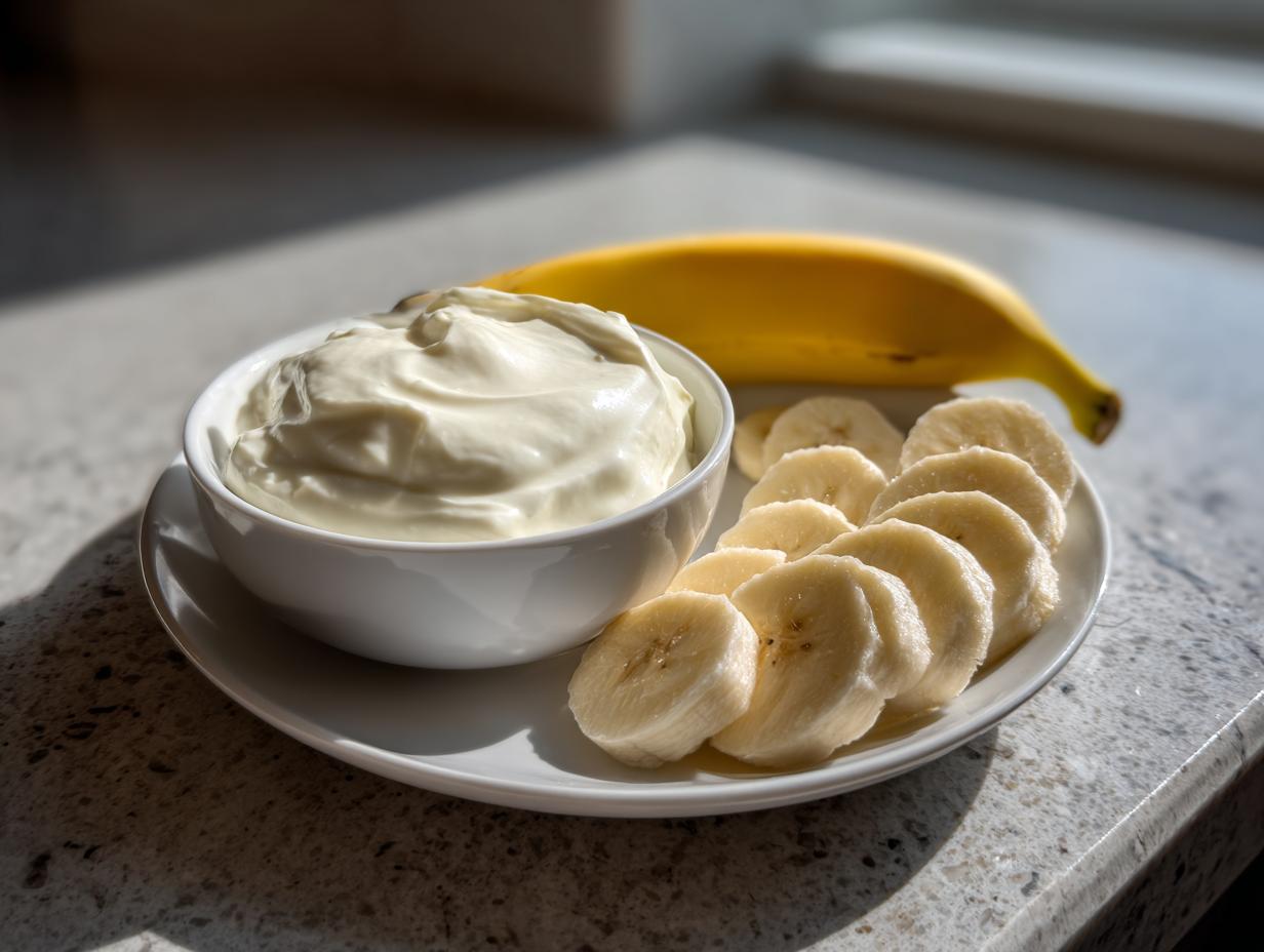Plate with sliced banana, whole banana, and a bowl of creamy yogurt for kid friendly snack recipes