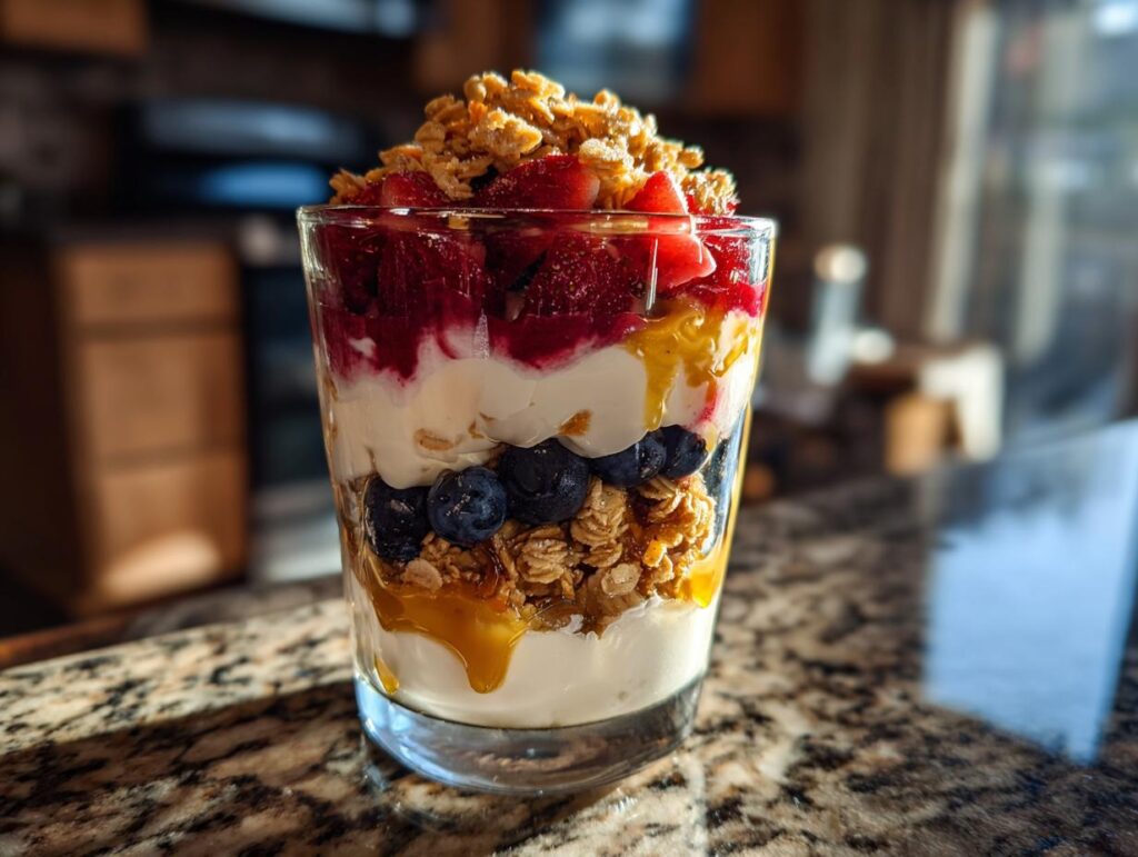 Glass filled with layered easy spring desserts including granola, yogurt, blueberries, strawberries, and honey.