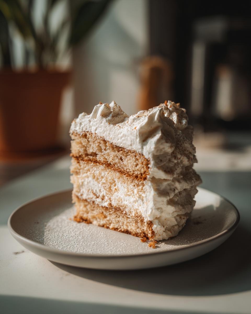 Close-up of a slice of layered cake with white frosting on a plate for Quick Easter desserts