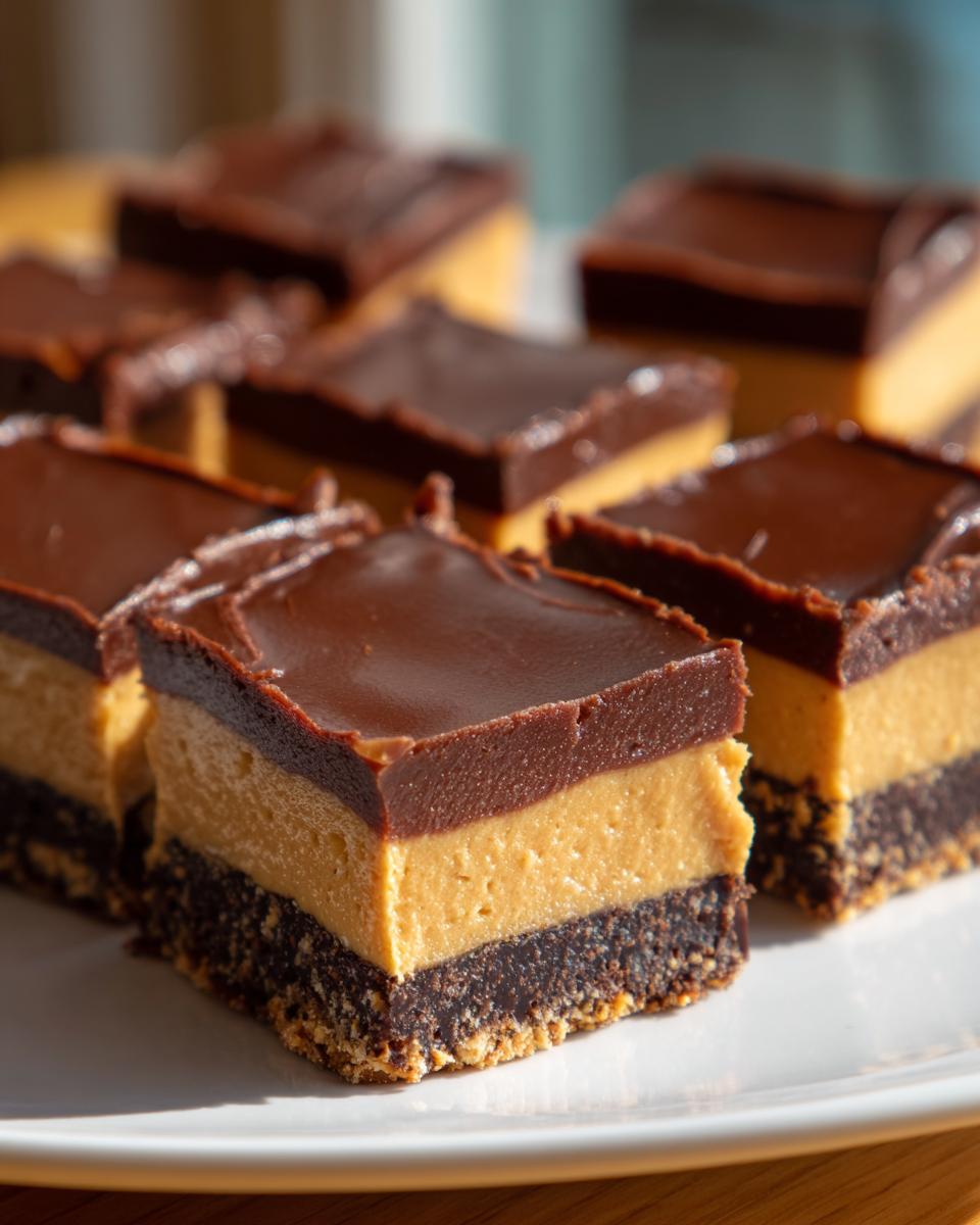 Close-up of layered chocolate peanut butter desserts with chocolate topping on a white plate.