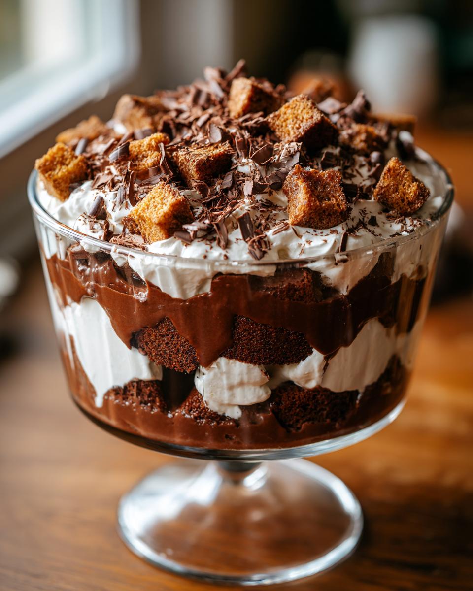 Glass bowl filled with layered chocolate trifle recipe topped with whipped cream and chocolate shavings